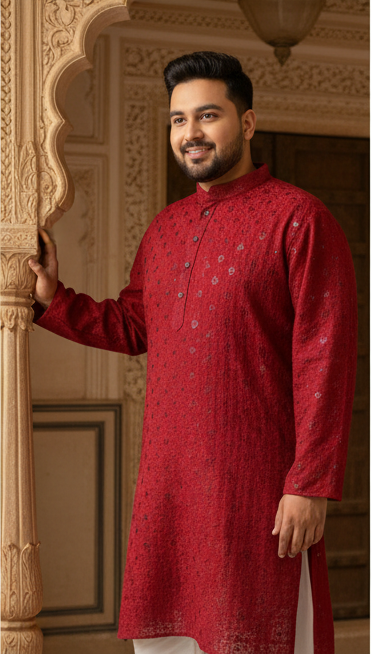 KPD4034 Plus Size Cherry Red Kurta with Straight Pyjama
