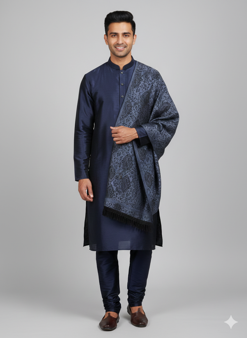 Man wearing a navy kurta with a matching shawl on a gray background