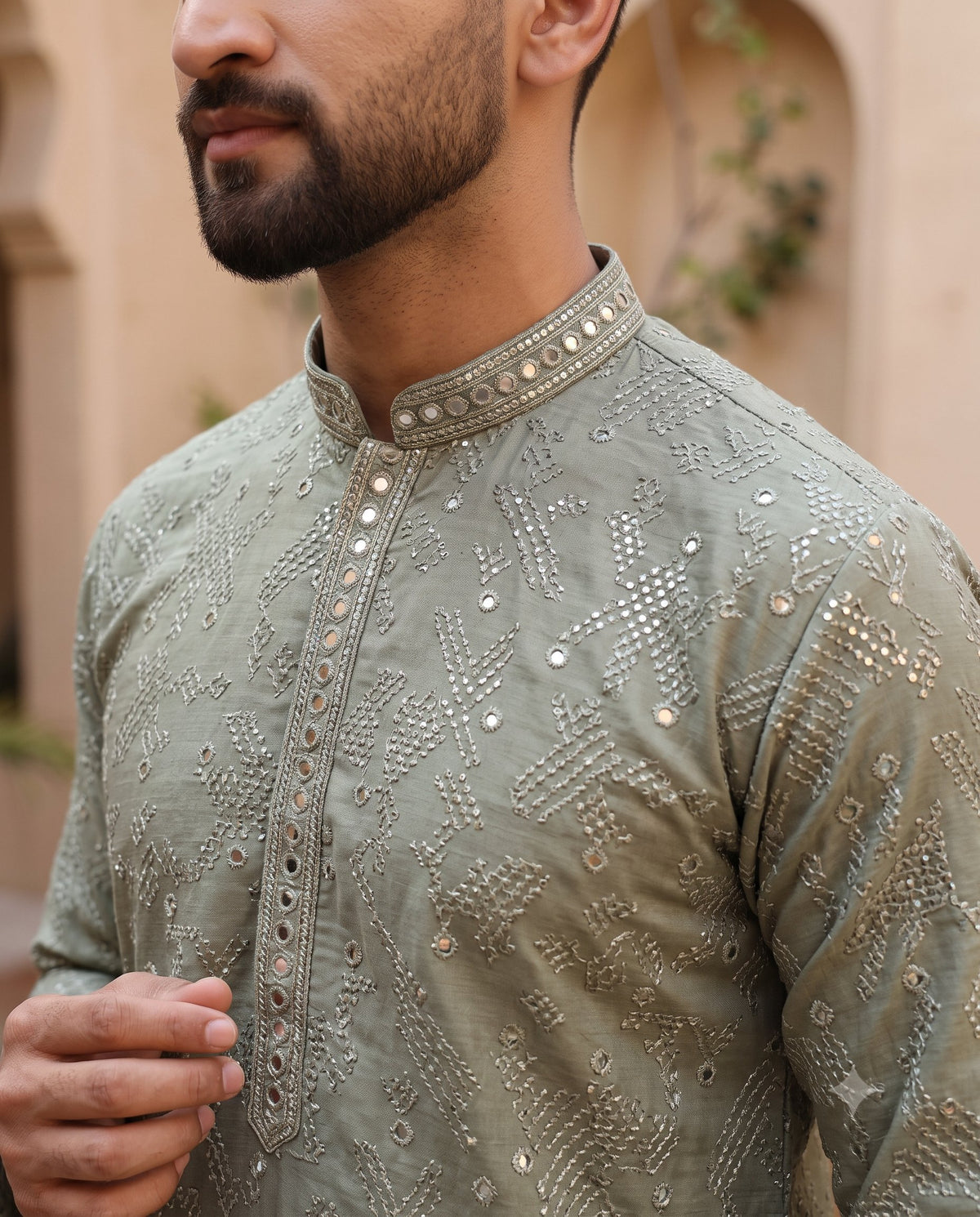 KPD6027 Sage Green Thread & Mirror Work Kurta with White Pyjama Set