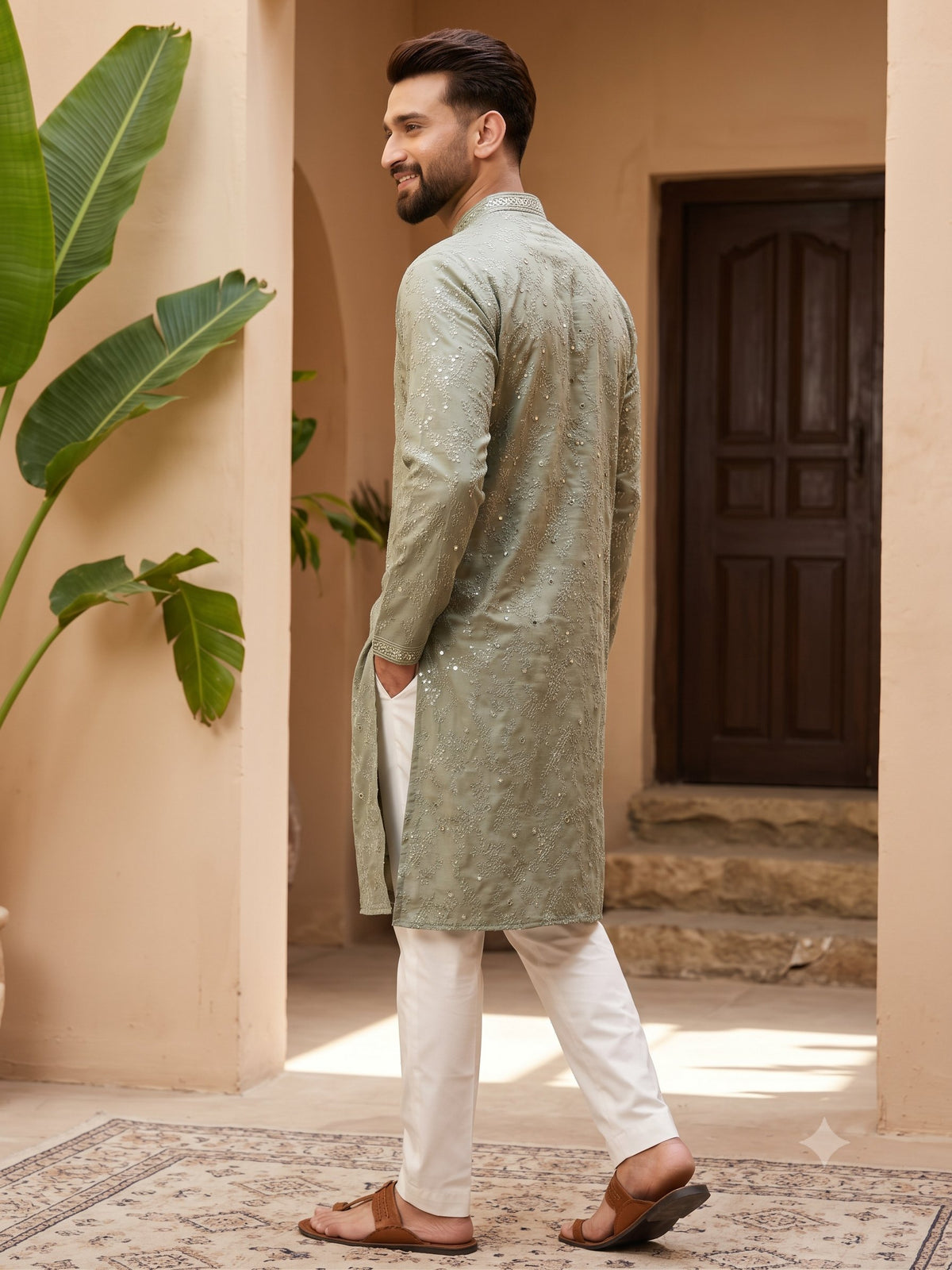 KPD6027 Sage Green Thread & Mirror Work Kurta with White Pyjama Set