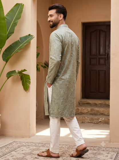 KPD6027 Sage Green Thread & Mirror Work Kurta with White Pyjama Set