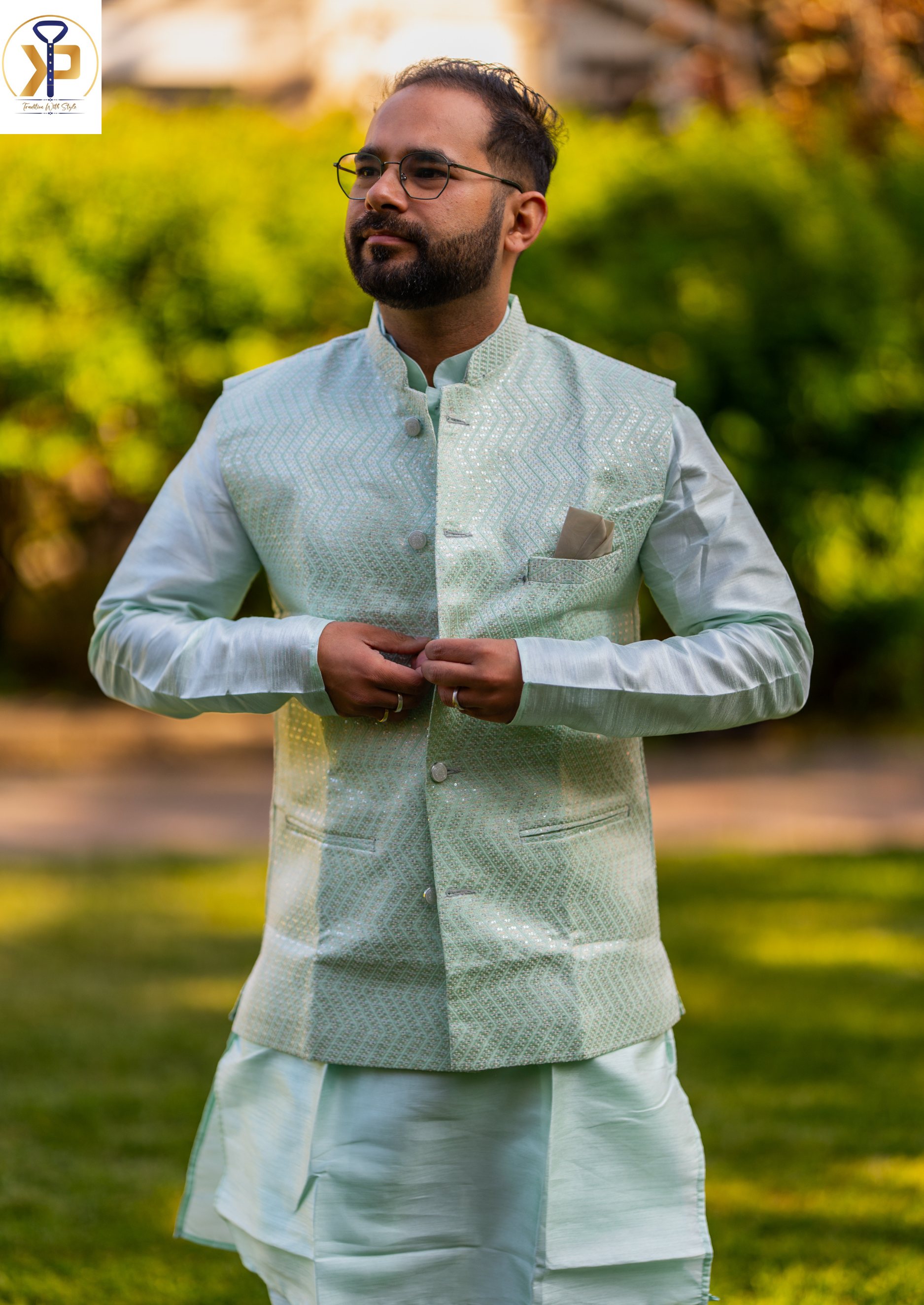 Indian Men Koti Set - Light Green Kurta and Sage Green Nehru Jacket Large- 40 Indian Men Koti Set - Light Green Kurta and Sage Green Nehru Jacket Large- 40