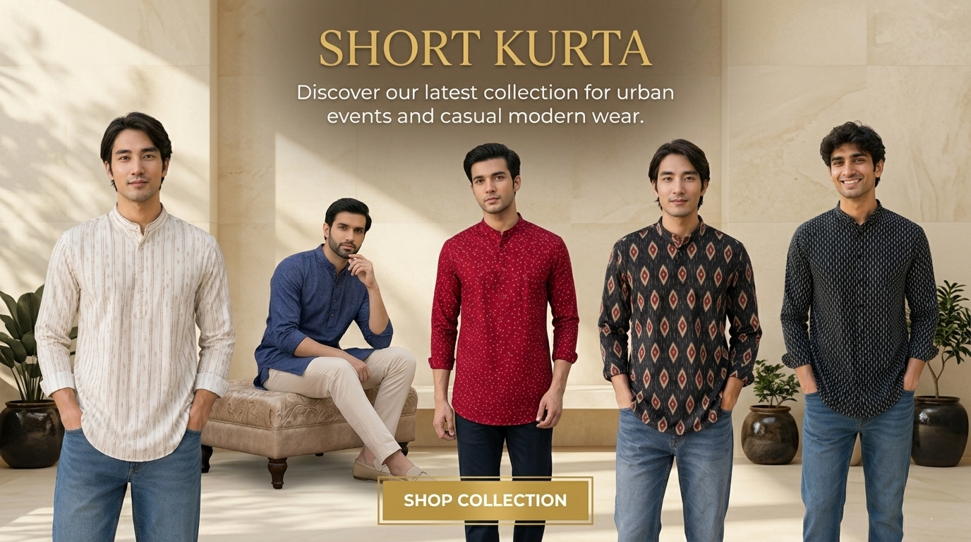Promotional image of men wearing kurta with text about a collection for urban events and casual modern wear.