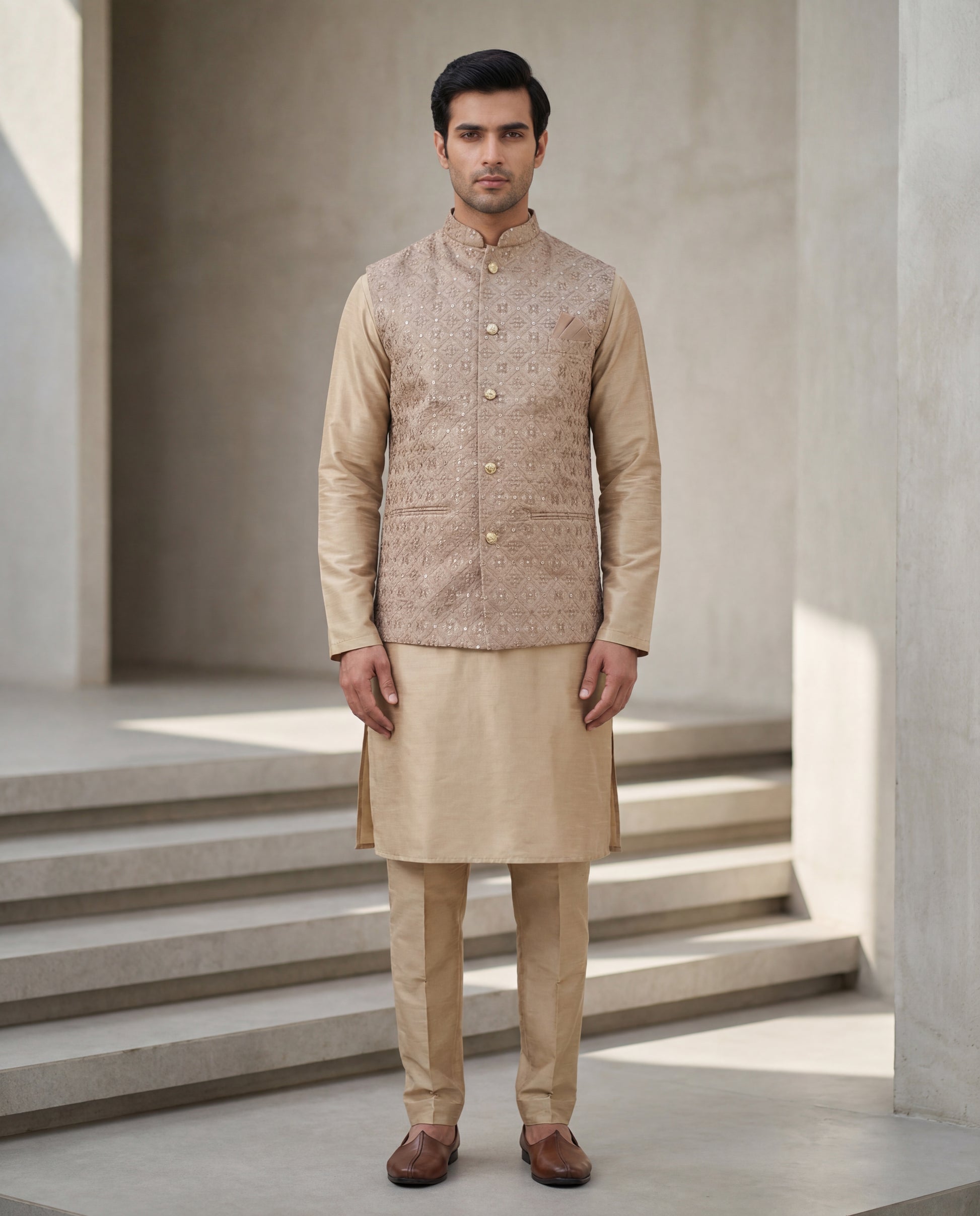 Man wearing a traditional beige kurta with jacket in an indoor setting