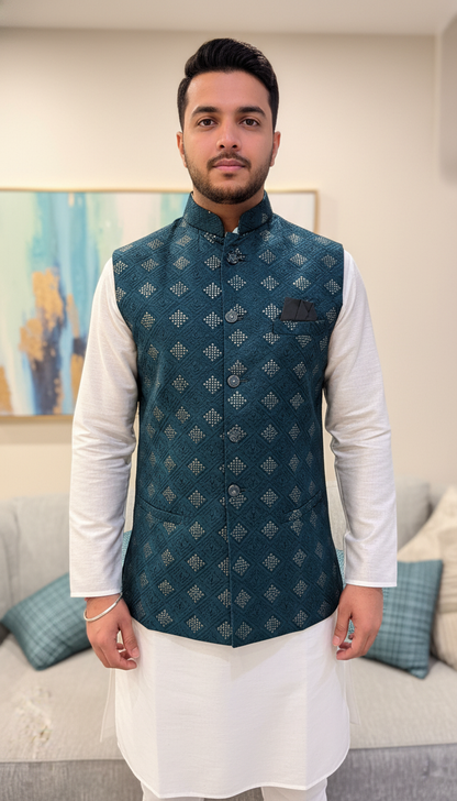 KPJ7100 Teal Heavy Sequins Work Nehru Jacket