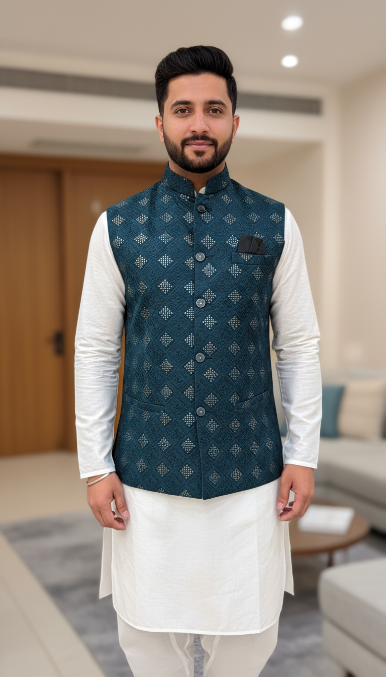 Teal heavy sequins nehru jacket with white kurta pyjama