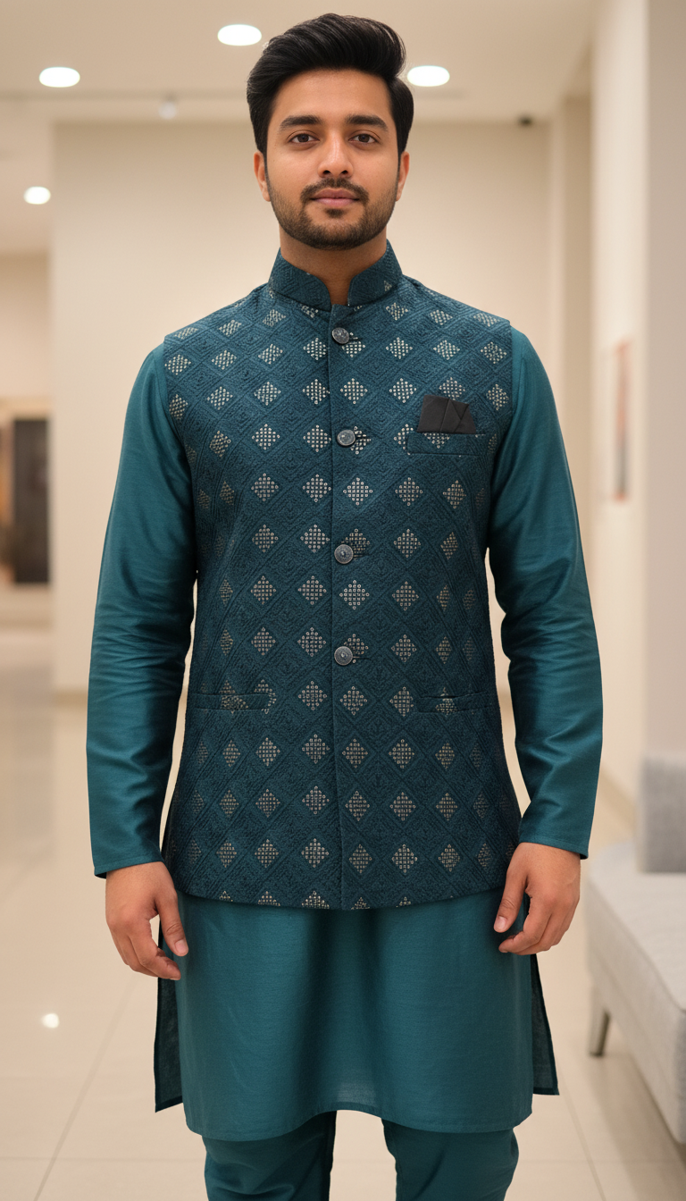 KPJ7100 Teal Heavy Sequins Work Nehru Jacket