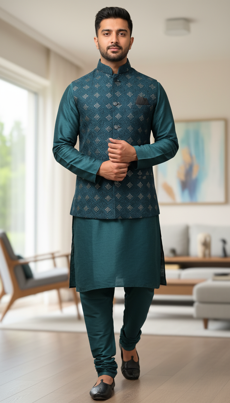 Teal sequins nehru jacket with teal kurta pyjama