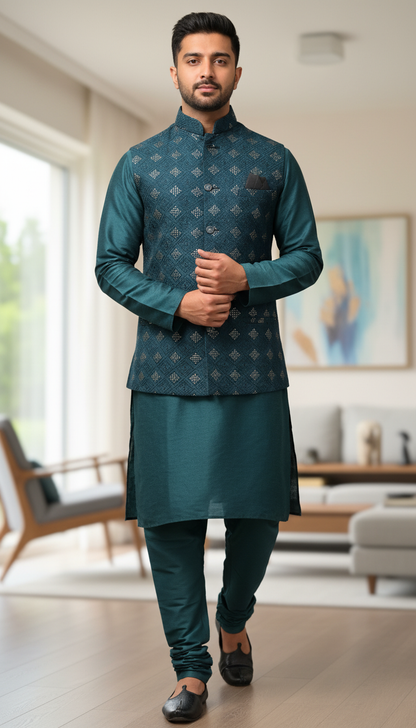 Teal sequins nehru jacket with teal kurta pyjama