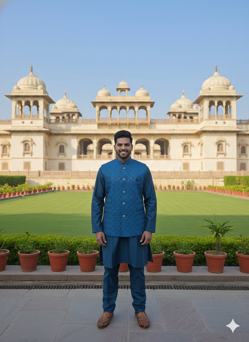 Man in a teal blue traditional kurta pyjama with nehru jacket outfit standing in front of a historic building with domes.