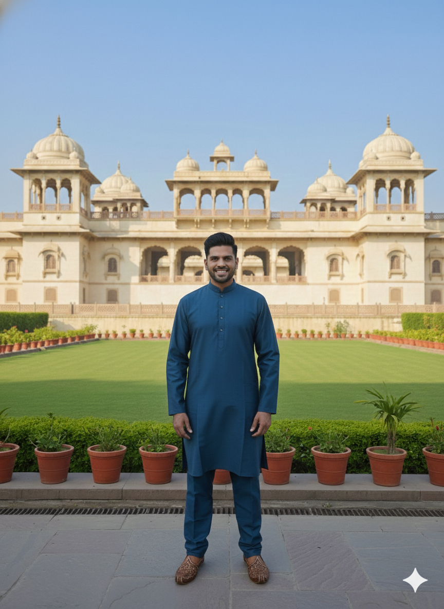 Man in a teal blue kurta pyjama standing in front of a historic building with domes.