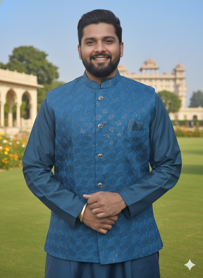 Man wearing a teal blue traditional kurta pyjama outfit with a scenic background.
