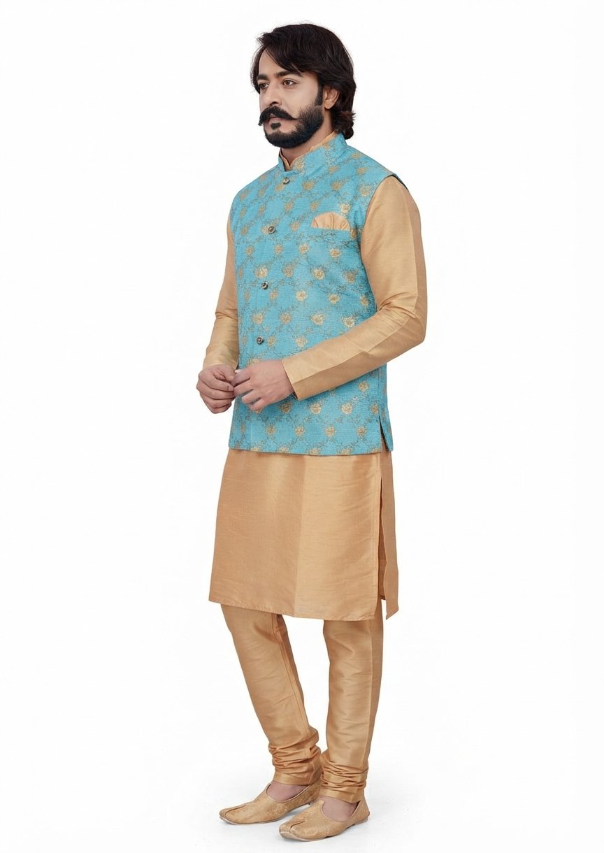 KPD5020 Gold Kurta Pyjama Set With Designer Cyan Floral Jacket (Koti) and Pocket Square