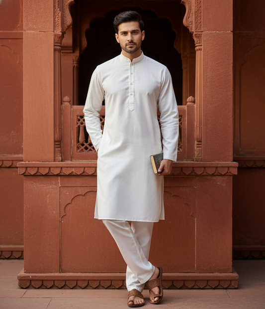 KPC1037 Plain White Kurta Set For Men