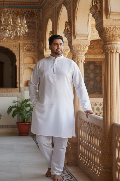 KPD4027 Plus Size Plain White Kurta Set For Men
