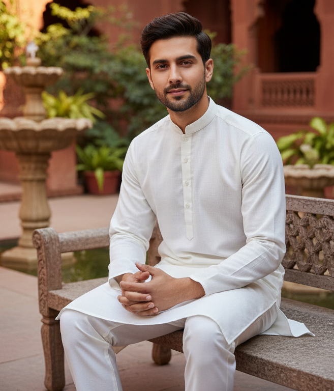 KPC1037 Plain White Kurta Set For Men