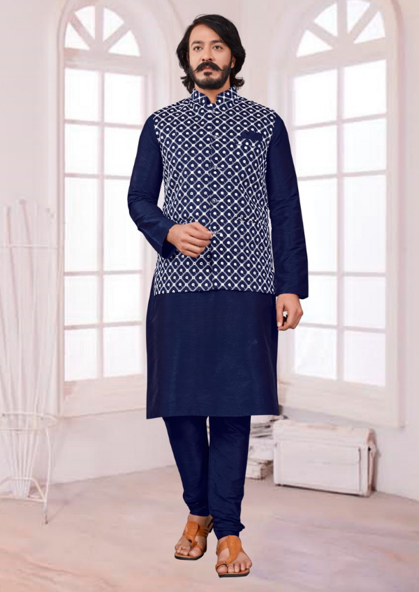 KPD7000 Plus Size Designer Navy Blue and White Nehru Jacket