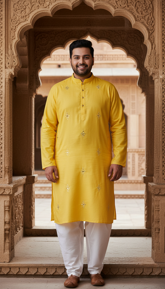 KPD4015 Yellow Rayon Mix Kurta With Mirror Work