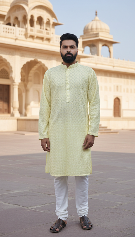 KPD6164 Lemon Jacquard Weave Kurta Pyjama Set with Metallic Shine