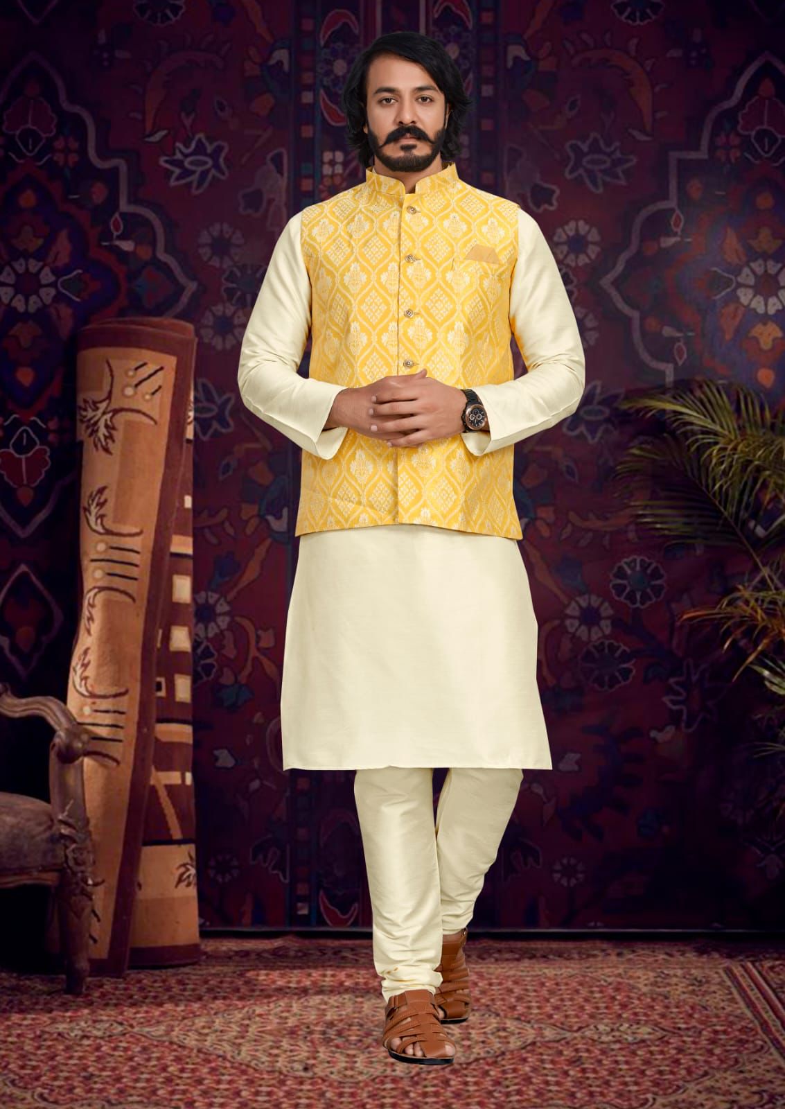 cream kurta pyjama set with yellow nehru jacket